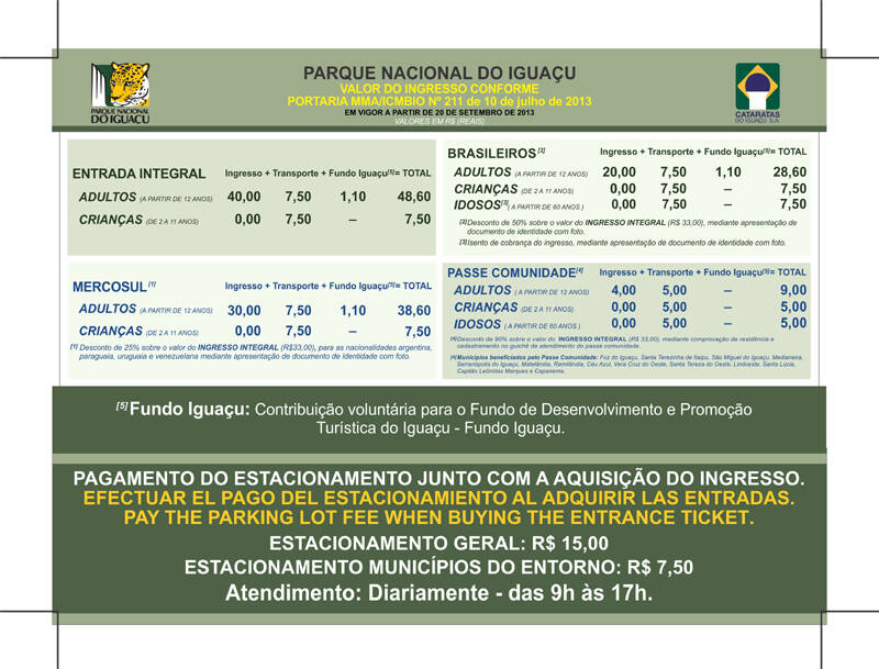 Parque Nacional do Iguaçu reajusta valor do ingresso