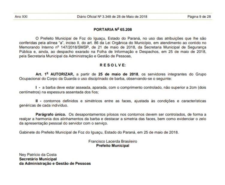 Em decreto, Prefeito Chico Brasileiro autoriza uso de barba por GMs