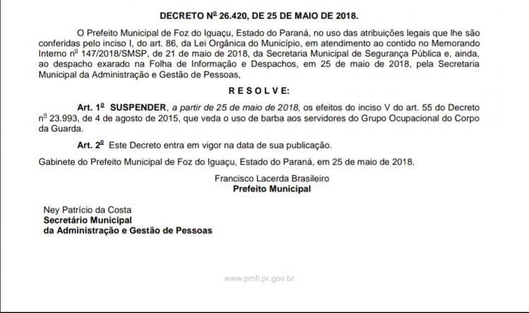Em decreto, Prefeito Chico Brasileiro autoriza uso de barba por GMs