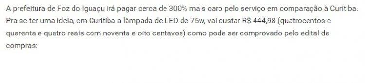 Licitação para contratação de luminárias foi diferente em Foz e lâmpadas são melhores do que em Curitiba