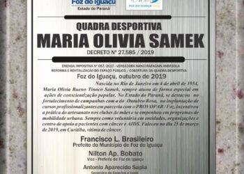 Quadra esportiva do Parque Imperatriz receberá o nome de Maria Olívia Samek