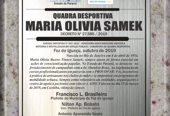 Quadra esportiva do Parque Imperatriz receberá o nome de Maria Olívia Samek