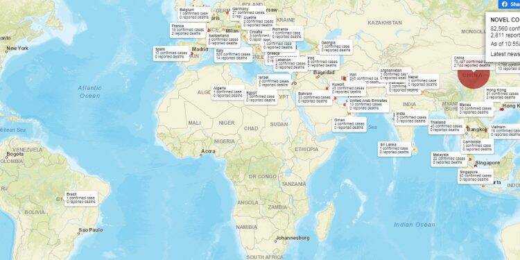 Mapa mostra o avanço do coronavírus pelo mundo em tempo real