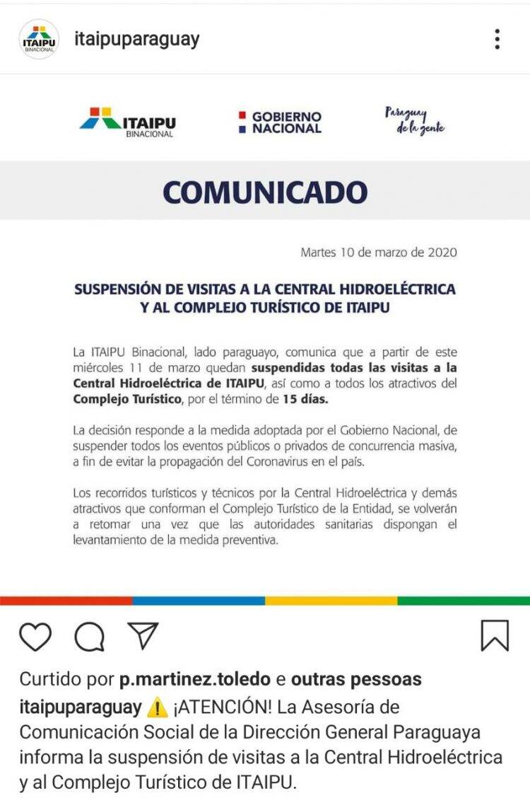 Lado paraguaio de Itaipu suspende visitação, no Brasil turismo segue normalmente