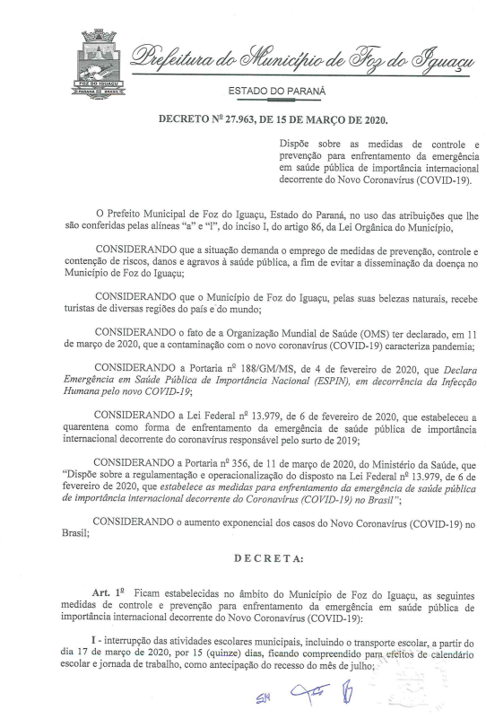 Decreto de Chico Brasileiro proíbe eventos em Foz, incluindo turismo e cultos religiosos