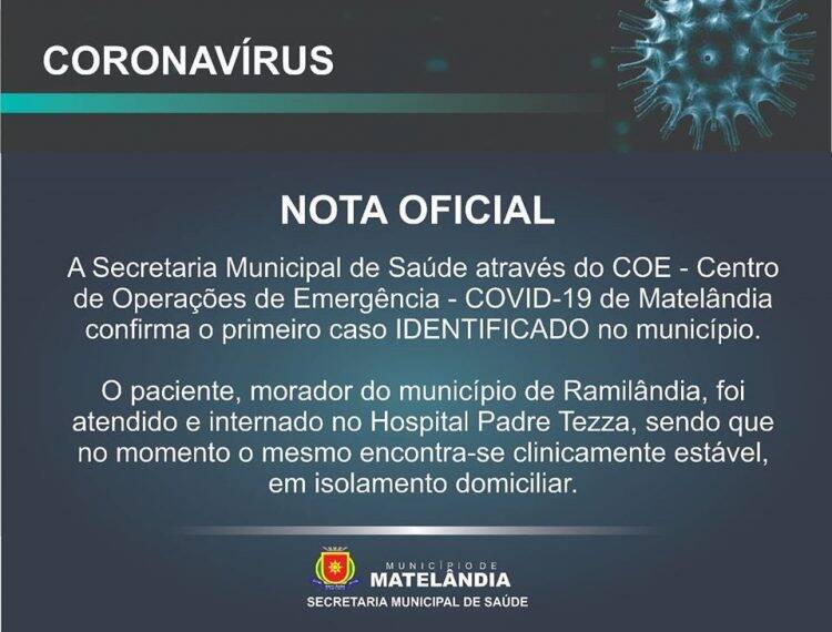Secretaria Municipal de Saúde Matelândia confirma primeiro caso de coranavírus