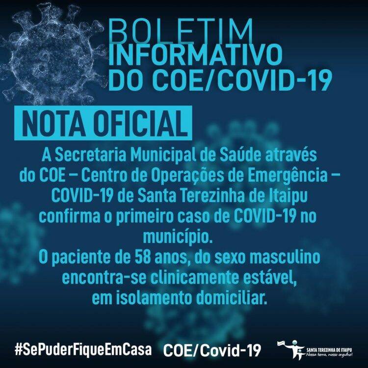 Santa Terezinha de Itaipu confirma primeiro caso de Covid-19