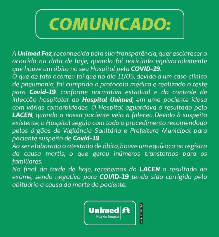 Unimed publica nota de esclarecimento sobre morte suspeita de Covid-19
