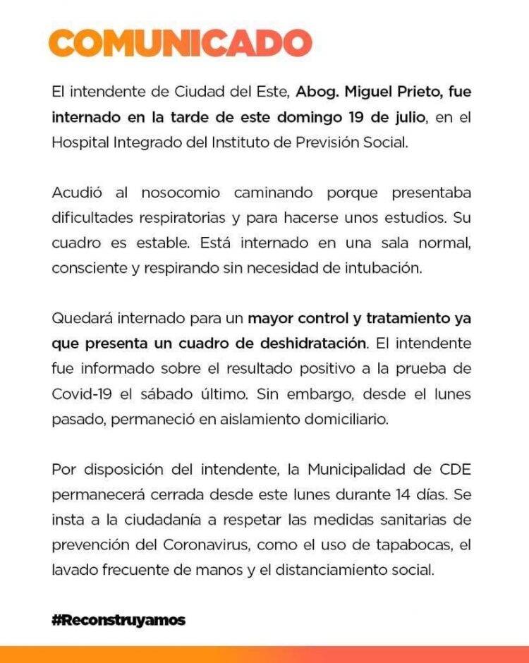 Prefeito de Cidade do Leste é internado após agravamento da Covid-19