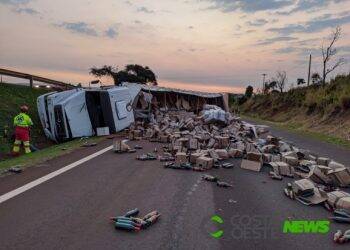 Caminhão carregado de vinho tomba na BR-277, entre São Miguel e Medianeira
