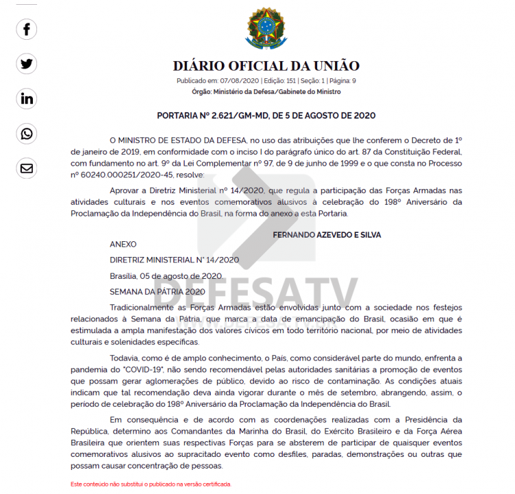 Ministério da Defesa cancela desfiles de 7 de Setembro em todo o país
