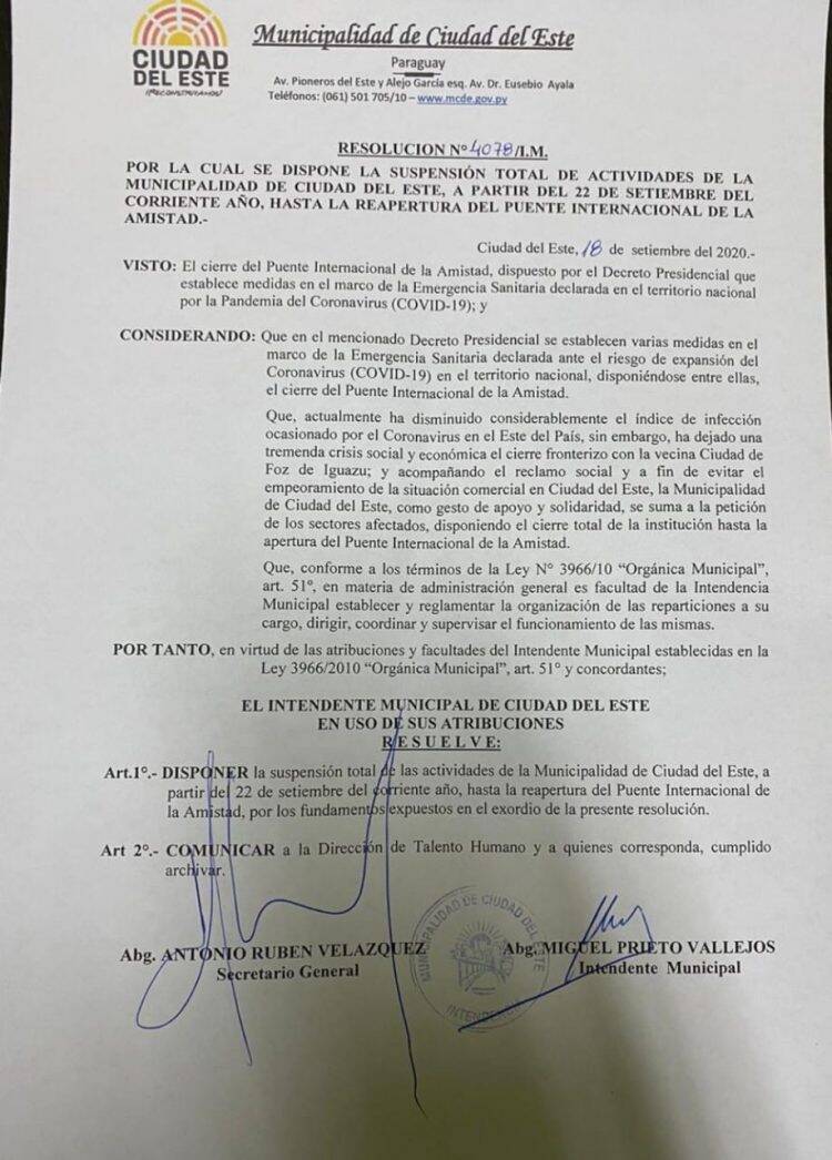 Prieto pede reabertura total da Ponte da Amizade e decreta greve na prefeitura de Ciudad del Este