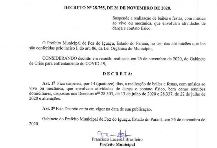 Decreto Municipal suspende realização de bailes, festas, e eventos domiciliares com música