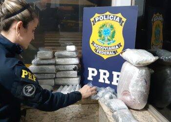 PRF apreende veículo carregado com maconha, skunk e haxixe.