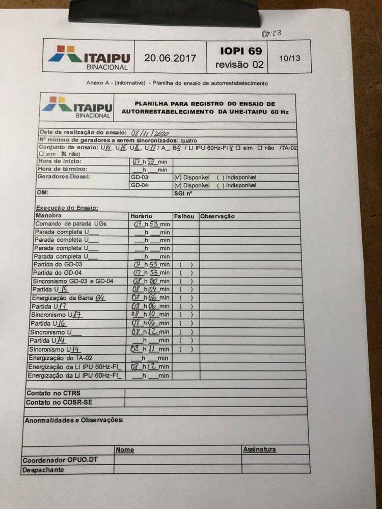 Ensaio de blecaute: usina de Itaipu restabelece energia em tempo recorde
