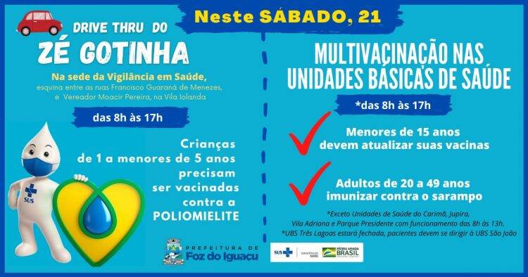 Saúde promove drive thru de vacinação contra poliomielite neste sábado (21)