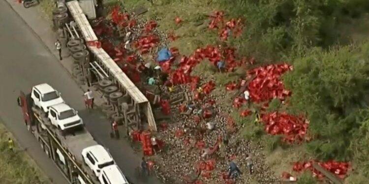Caminhão de cerveja tomba e carga é saqueada