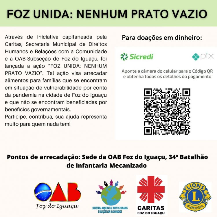 Campanha “Foz Unida: Nenhum Prato Vazio” irá arrecadar alimentos e cestas básicas para famílias em Foz do Iguaçu