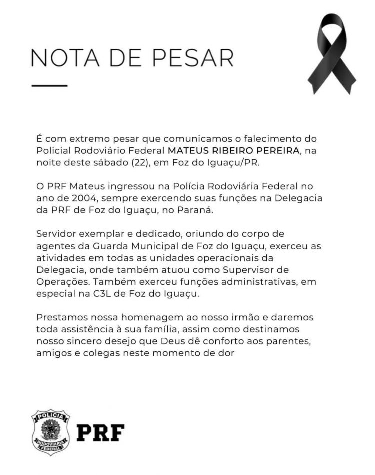 Agente da PRF em Foz, Mateus Ribeiro Pereira, morre vítima da Covid-19 aos 49 anos