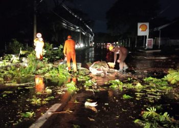 Bombeiros de Itaipu atuam para liberar via após temporal de sexta-feira (21)