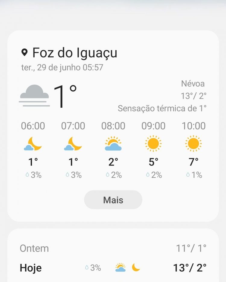 Dia mais frio do ano em Foz registra temperatura negativa na madrugada desta terça, 29