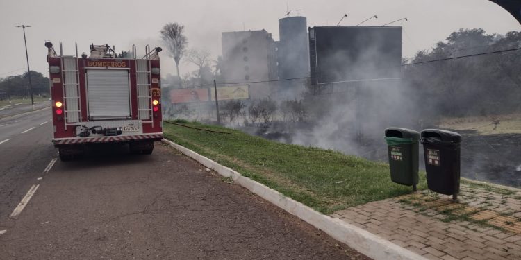 Bombeiros controlam incêndio em vegetação na Avenida Costa e Silva