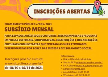 Espaços artísticos e empresas culturais em Foz poderão receber subsídio de até R$10 mil
