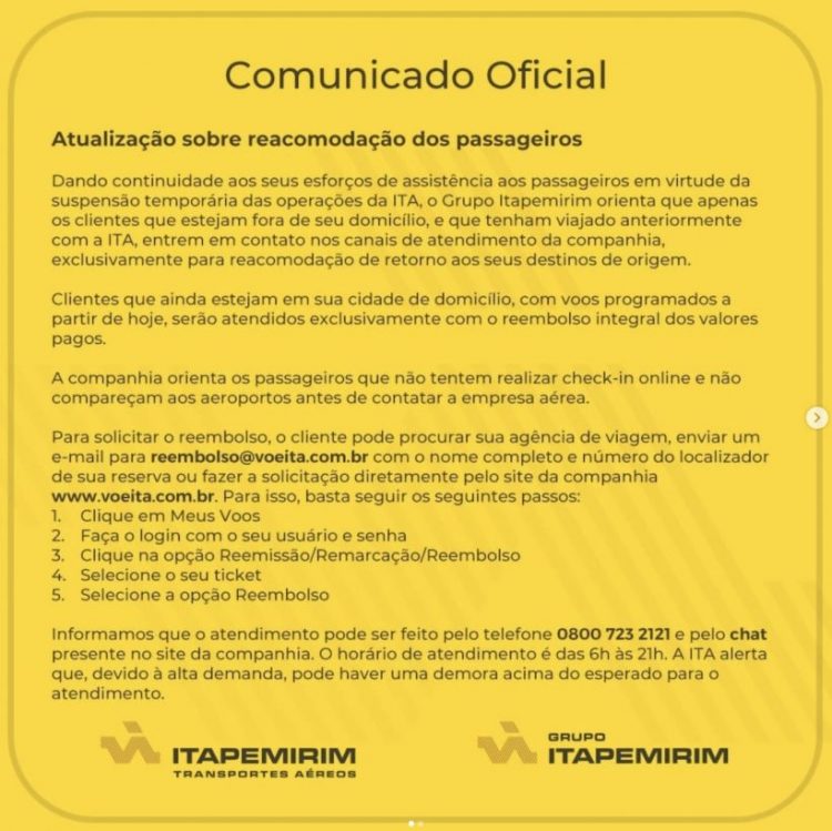 Após fim das operações, Itapemirim orienta sobre reacomodação e reembolso de passagens