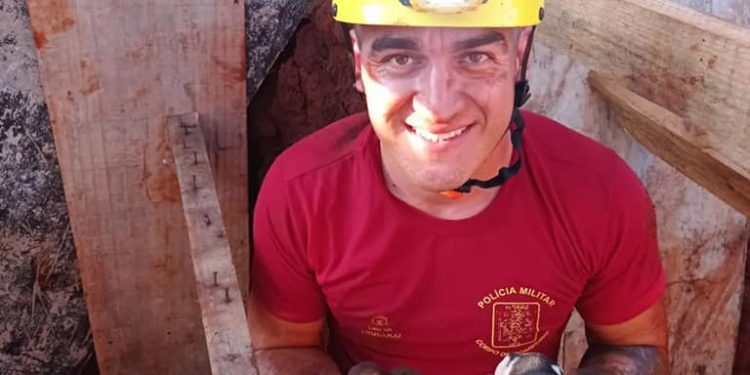 Bombeiros regatam cachorrinha e filhotes em valete na área rural