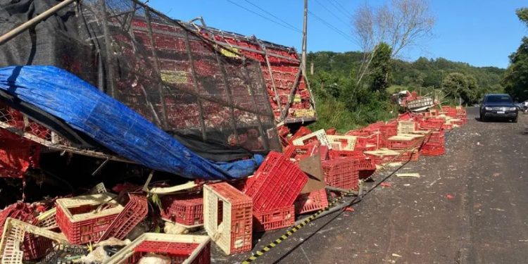Duas pessoas sofrem ferimentos graves após colisão entre caminhões na PR-484