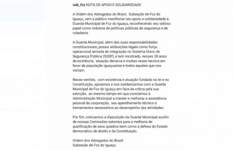 OAB emite nota em apoio a Guarda Municipal de Foz do Iguaçu