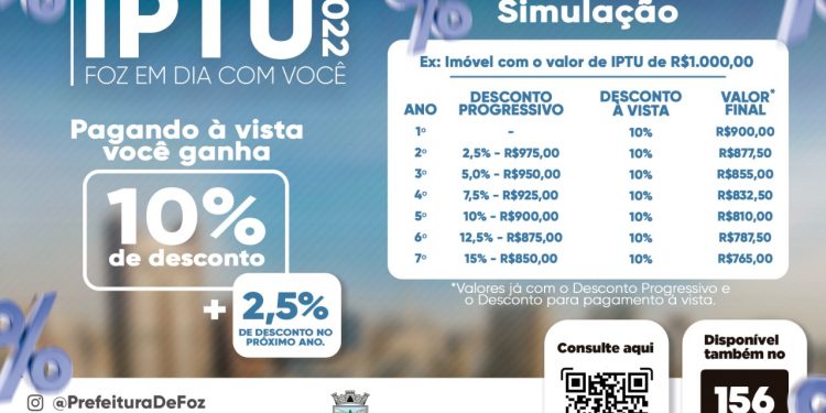 Primeira parcela ou cota única do IPTU 2022 vence na próxima quarta-feira (16)