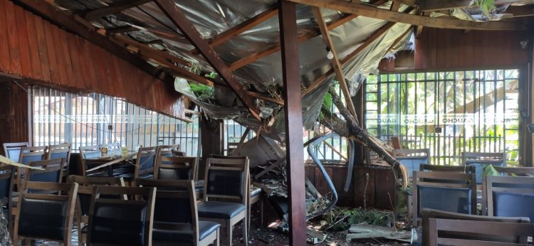 Árvore cai no telhado de restaurante na Vila Portes