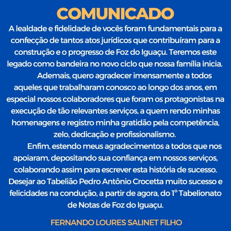 Tradicional Cartório Salinet de Foz do Iguaçu muda de administração e endereço