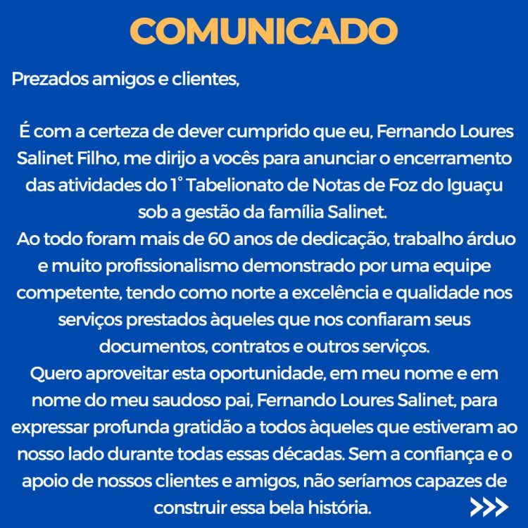 Tradicional Cartório Salinet de Foz do Iguaçu muda de administração e endereço