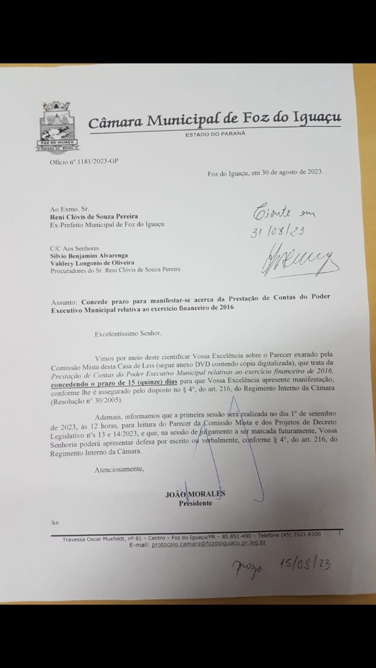 Câmara de Foz reprova contas do ex-prefeito Reni Pereira