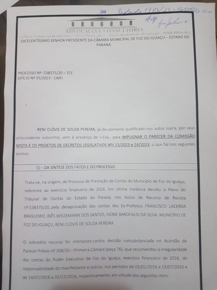 Câmara de Foz reprova contas do ex-prefeito Reni Pereira