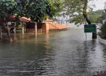 Rio Paraná é represado pela cheia do Iguaçu e atinge clube de pesca e moradores no bairro San Rafael, no Py