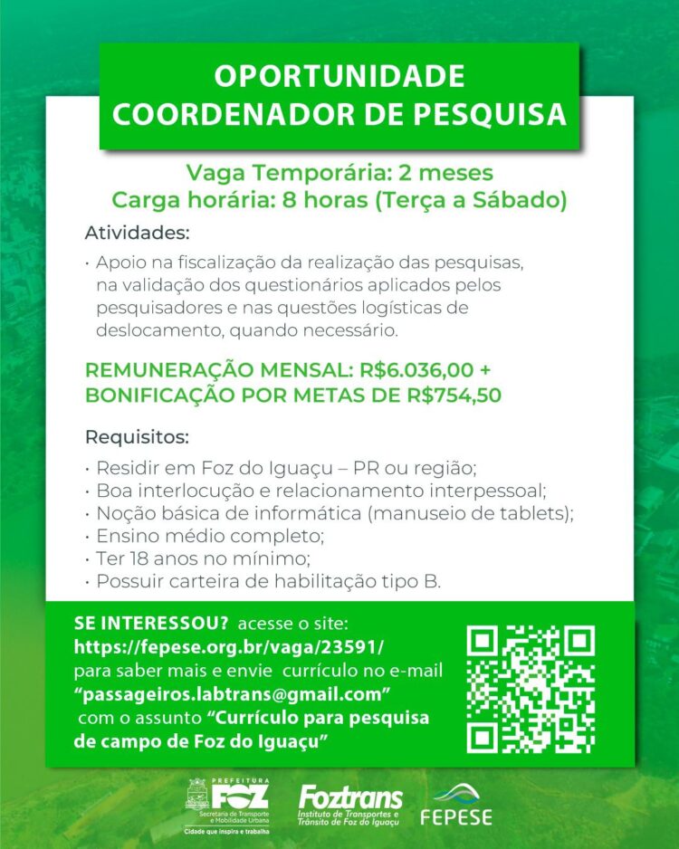 FEPESE seleciona pesquisadores para estudo do Transporte Coletivo em Foz do Iguaçu
