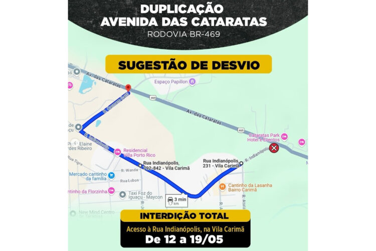 Duplicação da Rodovia das Cataratas vai interditar temporariamente a Rua Indianópolis em Foz do Iguaçu