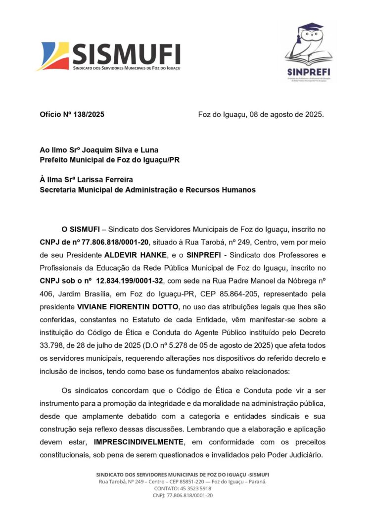Sismufi e Sinprefi contestam Código de Ética dos Servidores por possíveis violações de direitos