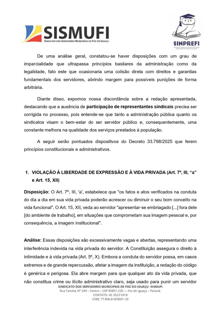 Sismufi e Sinprefi contestam Código de Ética dos Servidores por possíveis violações de direitos
