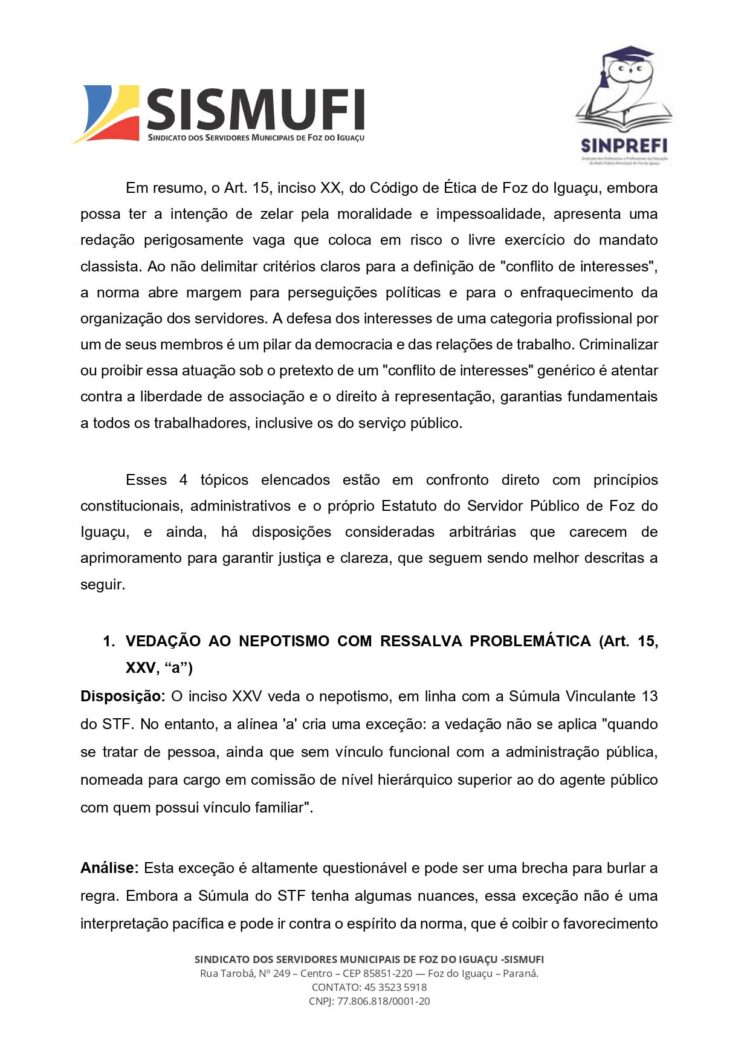 Sismufi e Sinprefi contestam Código de Ética dos Servidores por possíveis violações de direitos