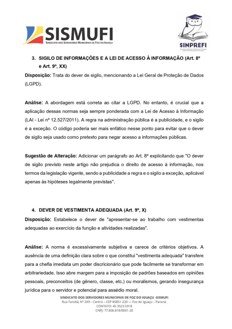 Sismufi e Sinprefi contestam Código de Ética dos Servidores por possíveis violações de direitos