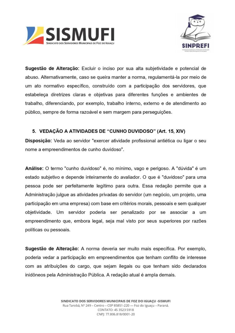 Sismufi e Sinprefi contestam Código de Ética dos Servidores por possíveis violações de direitos