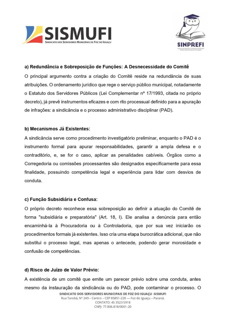 Sismufi e Sinprefi contestam Código de Ética dos Servidores por possíveis violações de direitos