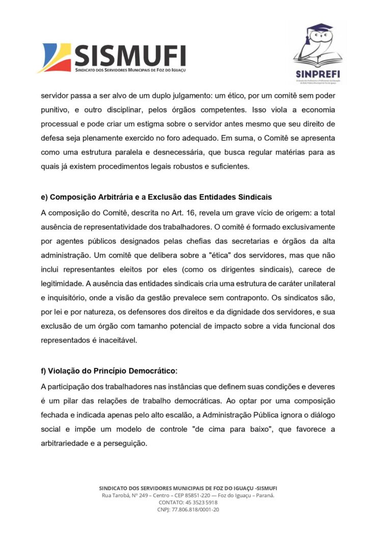 Sismufi e Sinprefi contestam Código de Ética dos Servidores por possíveis violações de direitos
