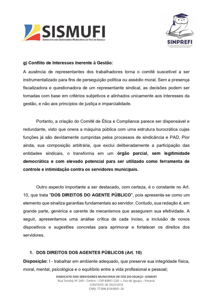 Sismufi e Sinprefi contestam Código de Ética dos Servidores por possíveis violações de direitos
