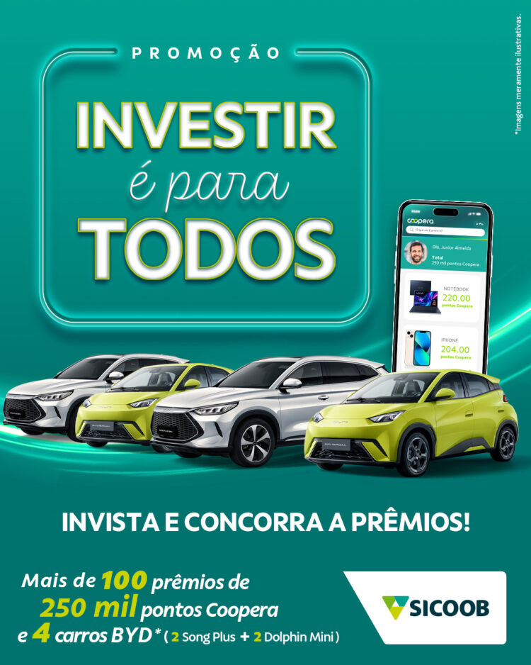 Sicoob vai sortear 4 carros elétricos em campanha de investimento consciente