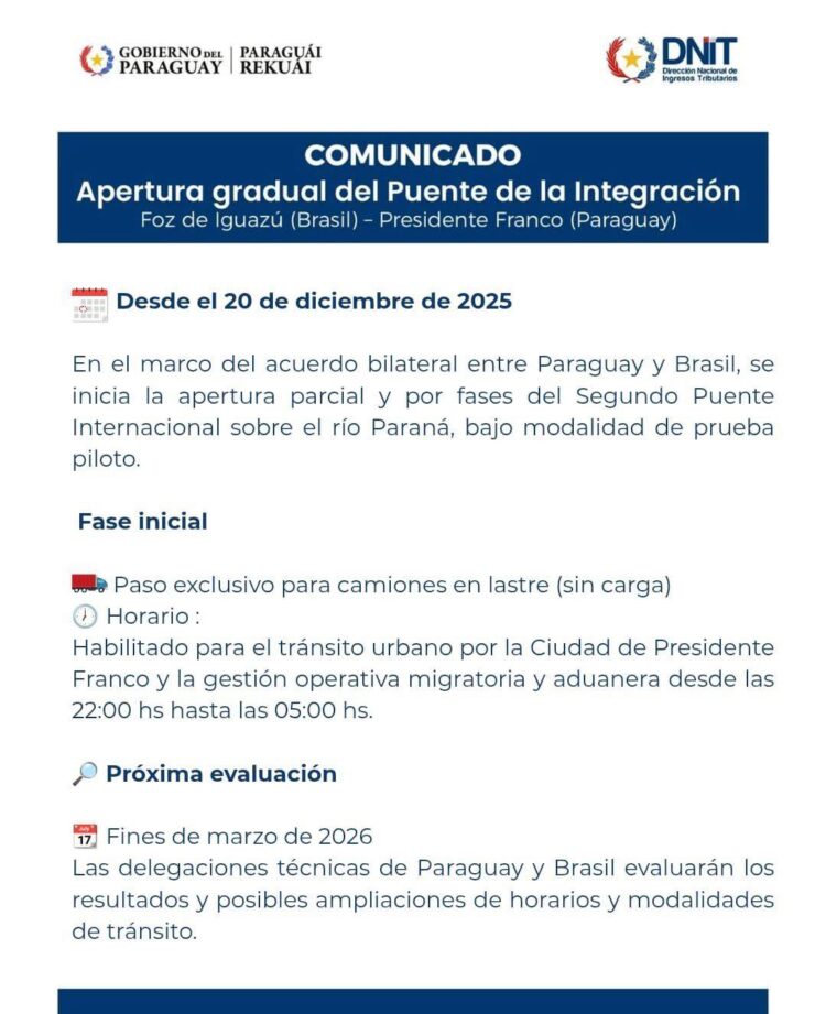 Governo do Paraguai diz que Ponte da Integração começará a operar de forma gradual